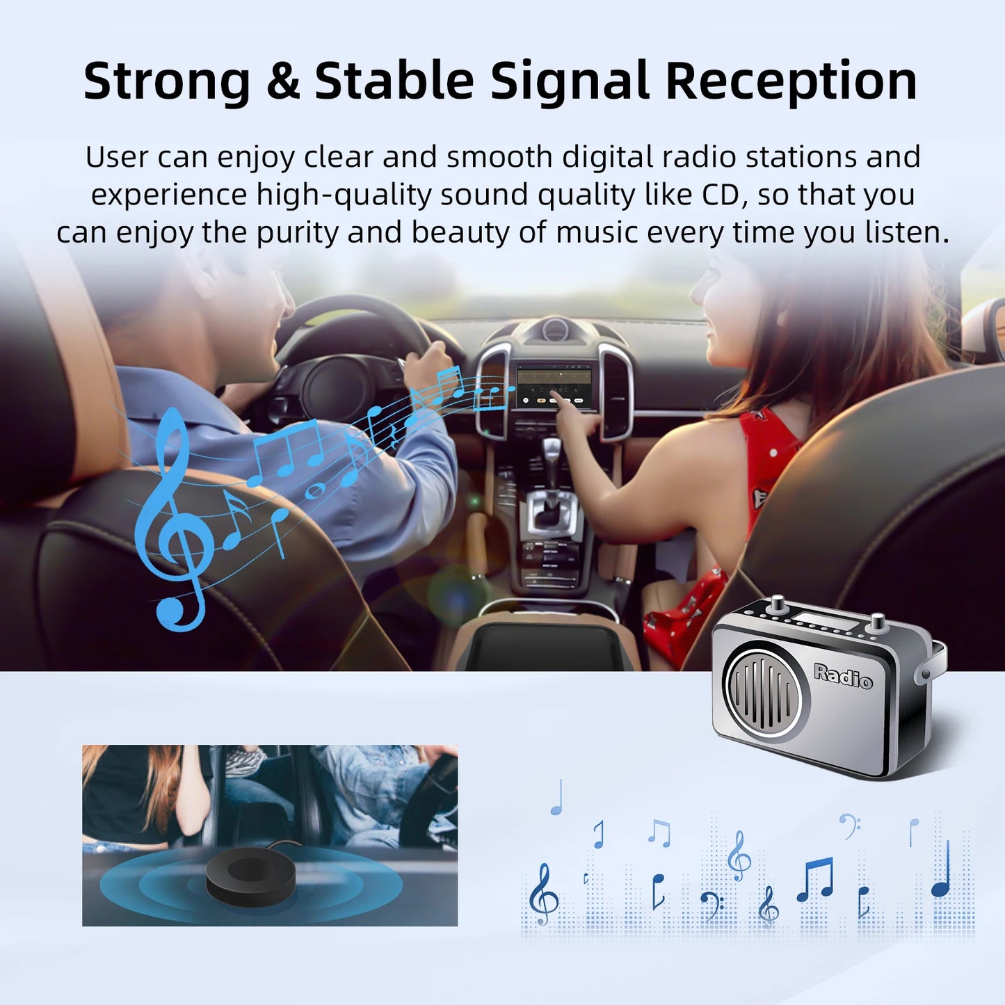 Portable Car DAB/DAB+ Radio Adapter FM Transmitter, ∞ Presets, HD Display, Instant Upgrade, Crystal Clear Sound for All Vehicles