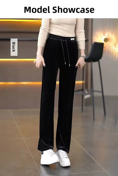 Fashionable Gold Velvet Wide Leg Pants Women's Winter Loose Slimming High Waist Fleece Casual Straight Long Trousers