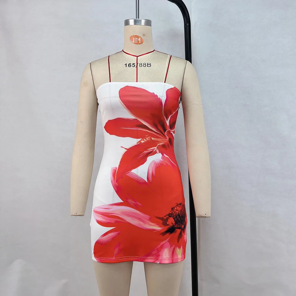 Women Strapless Floral Print Bodycon Mini Dress Summer Sexy Wrapped Hip Tube Top Short Dress for Party Beach Clubwear