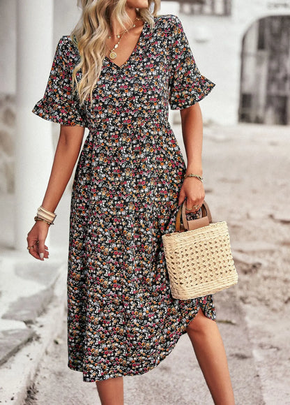 Msfilia Fashion V Neck Elegant Printed Dress Women Summer Short Sleeve High Waist A Line Floral Holiday Dresses