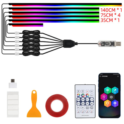 LED Symphony Ambient Lights Strip Car Interior Streamer RGB LED Neon Hidden Acrylic Strip Decoration Atmosphere Lamp USB