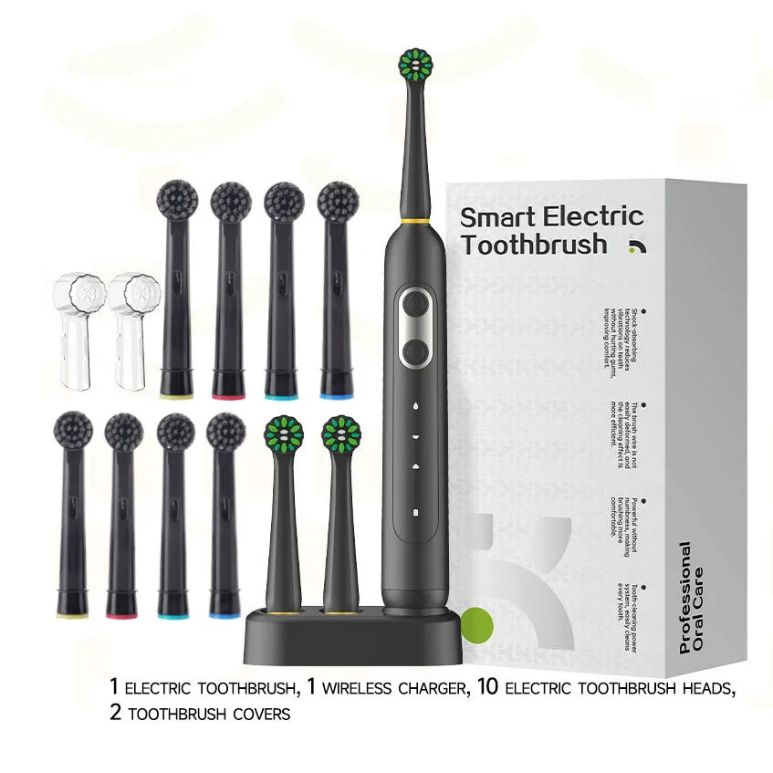Rotating electric toothbrush induction charging, waterproof, high-performance motor,3 modes 70 day battery life, 10 brush heads