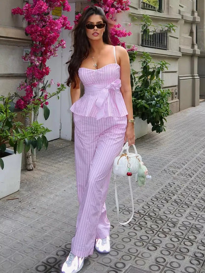 HH Women Striped Pants Suit Lapel Pocket Single-breasted Blouse+Side Zipper Lace Short Top+High Waist With Belt Poplin Pant