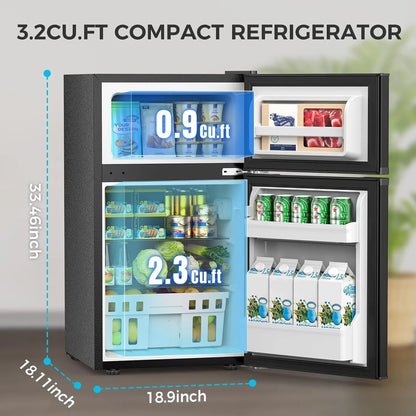3.2 Cu.Ft Fridge with Freezer, Double Door Compact Fridge for Bedroom, Adjustable Thermostat, Energy