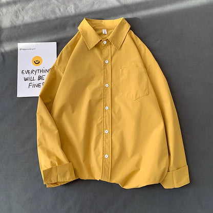 Loose Long Sleeve Pure Color Shirt Women's Basic Style Retro Korean Hong Kong Style Casual Outerwear for Couples Student Fashion
