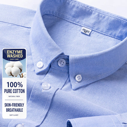 Men Cotton Oxford Shirt Long Sleeve Button Down Casual Business Shirt Pre-Shrunk Enzyme Washed Breathable Wrinkle Resistant