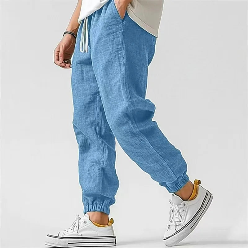 2026 New Men's Cotton Linen Pants, Elastic Waist Solid Color Straight Wide Leg Casual Trousers
