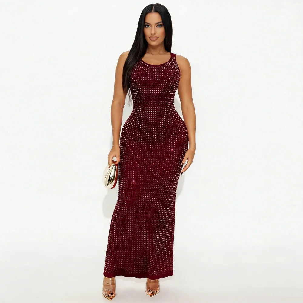 RLMABABY Sexy Swinging Collar Diamond Women Club Bodycon Dress Sleeveless Backless Evening Party Long Prom Dress