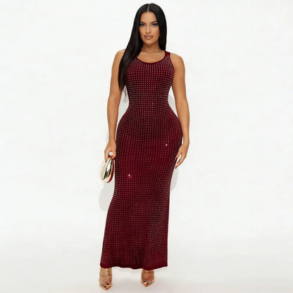 RLMABABY Sexy Swinging Collar Diamond Women Club Bodycon Dress Sleeveless Backless Evening Party Long Prom Dress