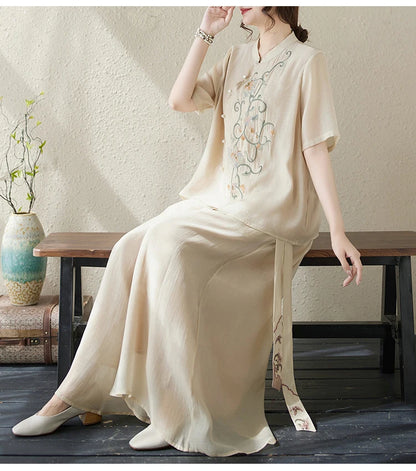New National Style Heavy Embroidery  Set Women Summer Loose plus Size Fringed Wide Leg Pants Skirt Slimming Two Piece Set