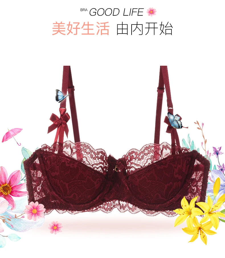 Sexy French Lace Push Up Bra Set for Small Chest, Anti Sagging Half Cup Demi Bra & Panty Lingerie Set, Sheer Adjustable Straps
