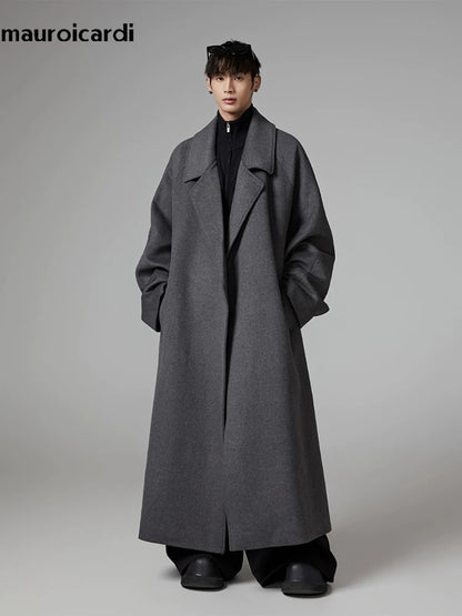 Mauroicardi Autumn Winter Oversized Extra Long Warm Gray Wool Blends Coat Men Sashes Raglan Sleeve Luxury Woolen Overcoat 2024