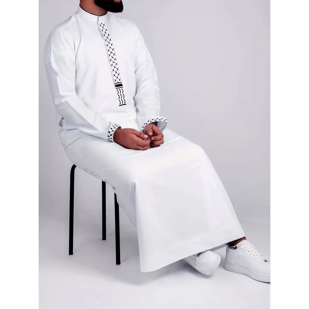 Muslim Men Embroidered Hooded Robe Middle Eastern Jubba Loose Long Sleeve Ethnic Thobe In Stock