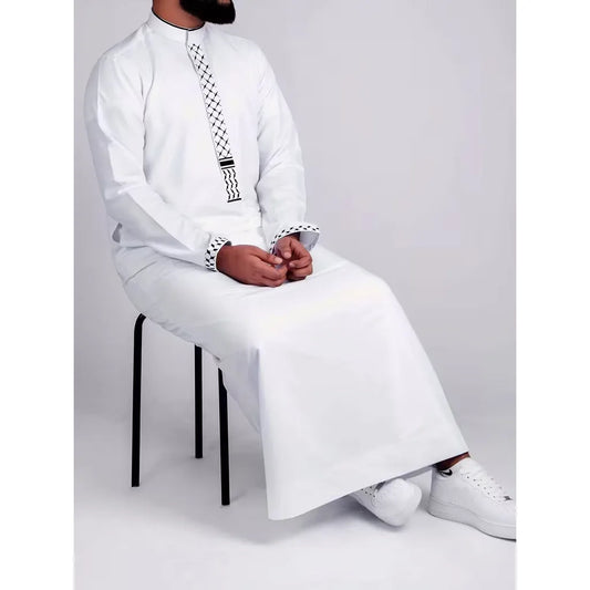 Muslim Men Embroidered Hooded Robe Middle Eastern Jubba Loose Long Sleeve Ethnic Thobe In Stock