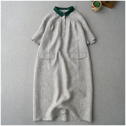 Ele Contrast Color Collar Linen ort Sve irt Dr Women's Summer New Artistic Versatile Midi Dr Comfortable A-L...