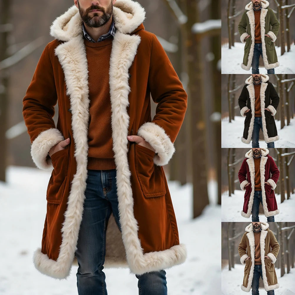 Men's Winter Thickened Hooded Jacket with Fleece Lining Solid Color Coat Long Sleeve Cardigan Style for Casual and Homewear