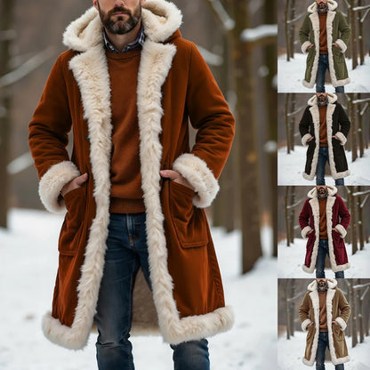 Men's Winter Thickened Hooded Jacket with Fleece Lining Solid Color Coat Long Sleeve Cardigan Style for Casual and Homewear