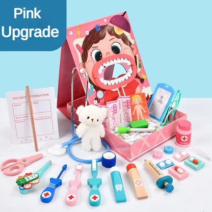 Wooden Pretend Play Dentist Educational Toys for Children Simulation Doctor Check Brush Teeth Medicine Set Role Playing Games