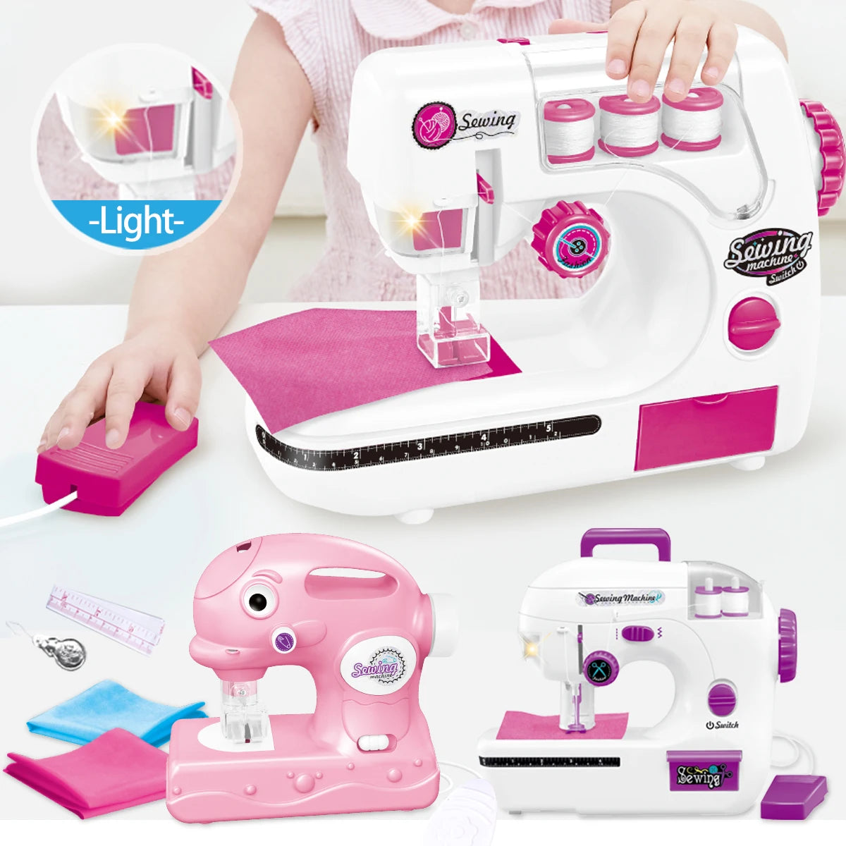 Sewing Machine Toys, Portable Battery Powered Sewing Machine with Measuring Tape and Fabric, Gifts for Kids not Include Battery