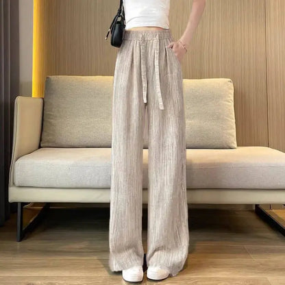Ice Silk Slim Wide Leg Pants Women's Summer Drapey High Waist Straight Casual Lazy Floor Length Pants Cool Pants