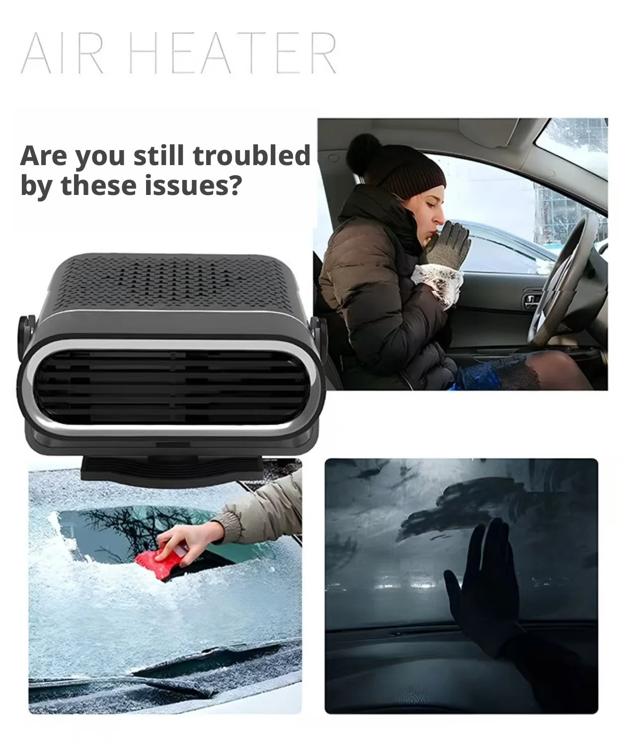 Portable Car Heater with Fast Heating Defrost & Defog Functions | 12V/24V Compatible | Fixed Air Outlet 360° Adjustable Angle