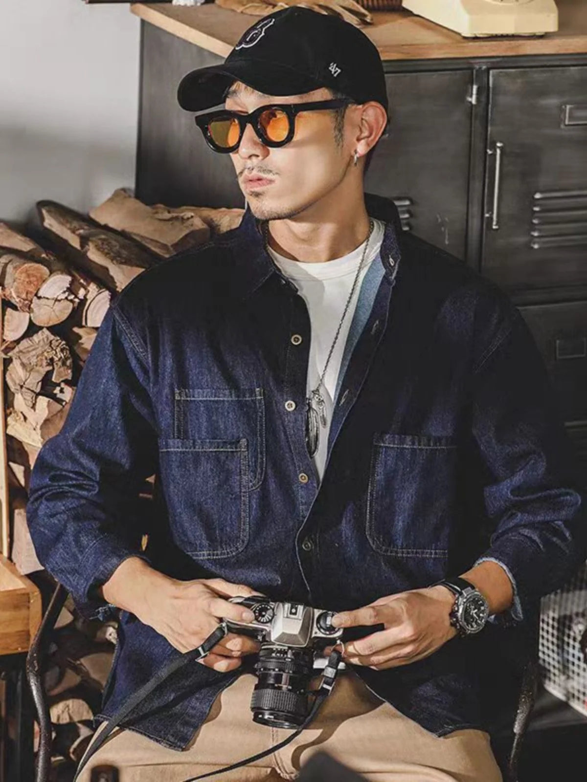 American Retro Tooling Shirt Men's Long-sleeved Spring and Autumn New Trendy Brand Loose Casual Shirt Men's Denim Jacket Men