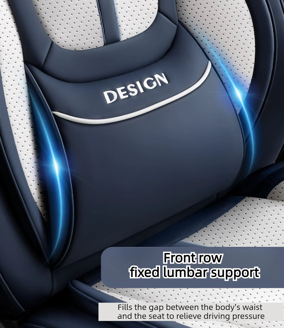 Premium PU Leather Auto Seat Covers Set with Built-in Lumbar Support +2 Headrest Covers +1 Steering Wheel Cover Comfortable