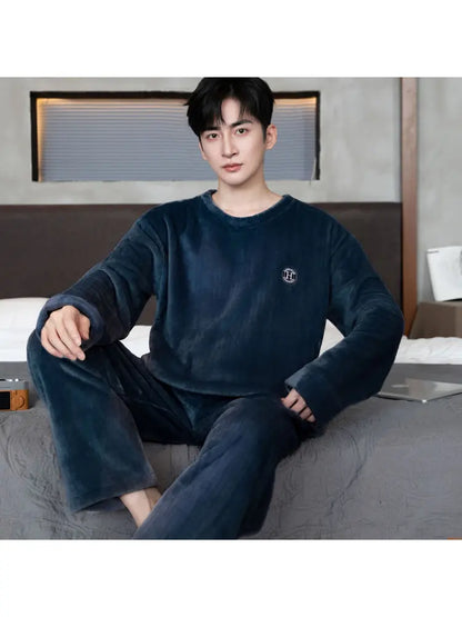 Thickened Flannel Sleepwear for Men Winter Coral Fleece Home Clothes Set Spring Autumn Winter Style Casual Loose Fit Long Sleeve