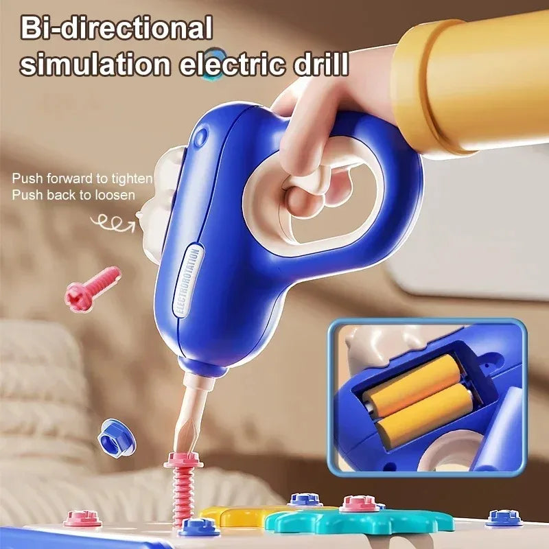 Kids pretend play hippo repair toolbox with simulation electric drill, screw tightening, take-apart & assembly play set.