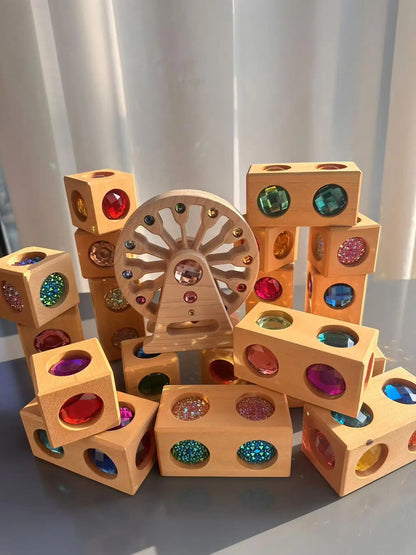 New Kids Acrylic Sparkling 6 sides 3D Gems Wooden Blocks Toy Rainbow Lucite Crystal Steps Building Play Birthday Gift