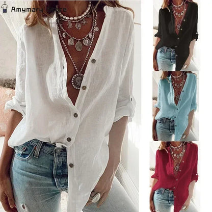New Helisopus Summer New Women's Cotton Linen Shirt Fashion Button Solid Color Casual Loose V-Neck Long Sleeve Top Commuter Wear