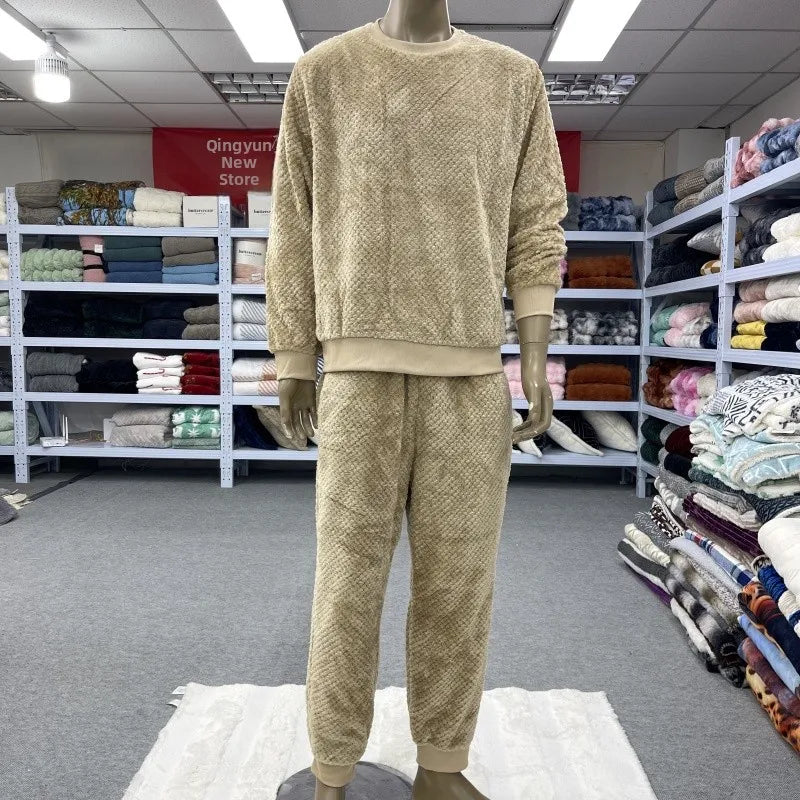 Couples Flannel Sleepwear Hooded Home Clothes Set Men Women Casual Warm Long Sleeve round Neck Wide Leg Pants Comfortable