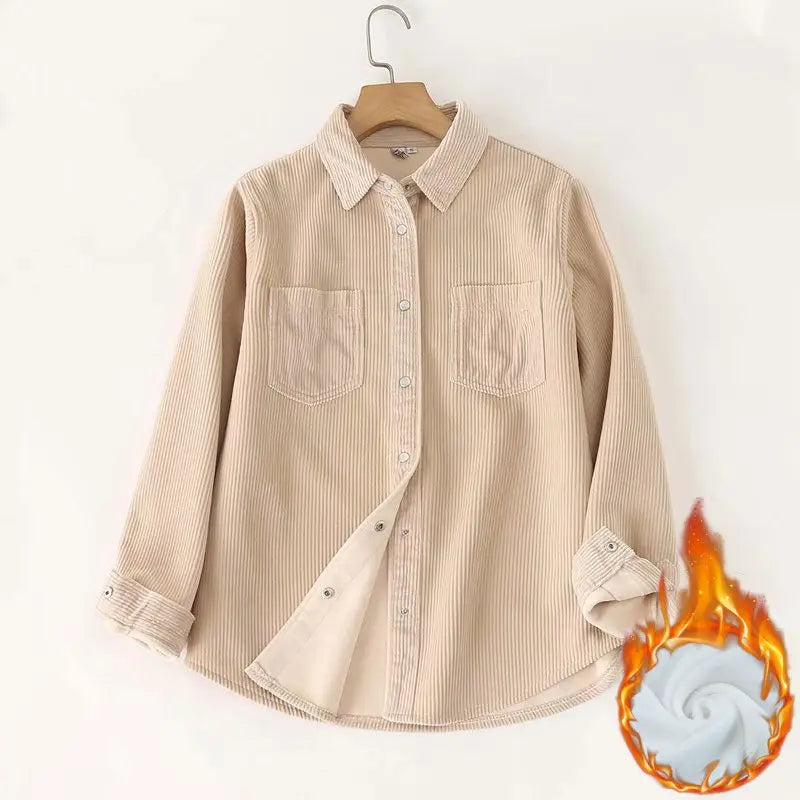 Autumn Winter Thickened Fleece Women's Long Sleeve Shirt Pure Color Corduroy Open Cardigan Loose Top Outerwear Jacket