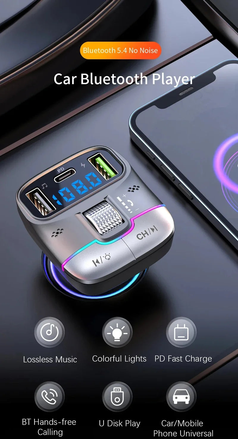 FM Transmitter Bluetooth 5.4 Hands-Free Portable Car AUX Radio Modulator MP3 Player with Fast Charging Adapter