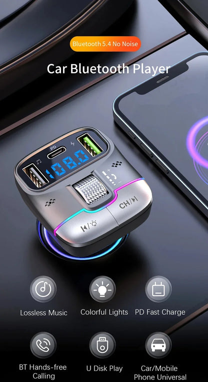 FM Transmitter Bluetooth 5.4 Hands-Free Portable Car AUX Radio Modulator MP3 Player with Fast Charging Adapter