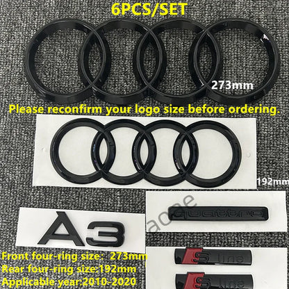 6/5Pcs 4Ring ABS Car Hood Front Grill Rear Trunk Emblem Stickers For Audi A3 A4 A5 A6 A7 Q2 Q3 Q5 Q8 S3 S4 S5 S6 RS3 RS4 RS5 RS6