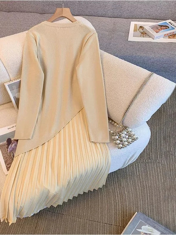 Elegant Long Sleeve Knitted Pleated Dress Autumn New Style plus Size Unique Loose Design Korean Commute Style Women's Dress