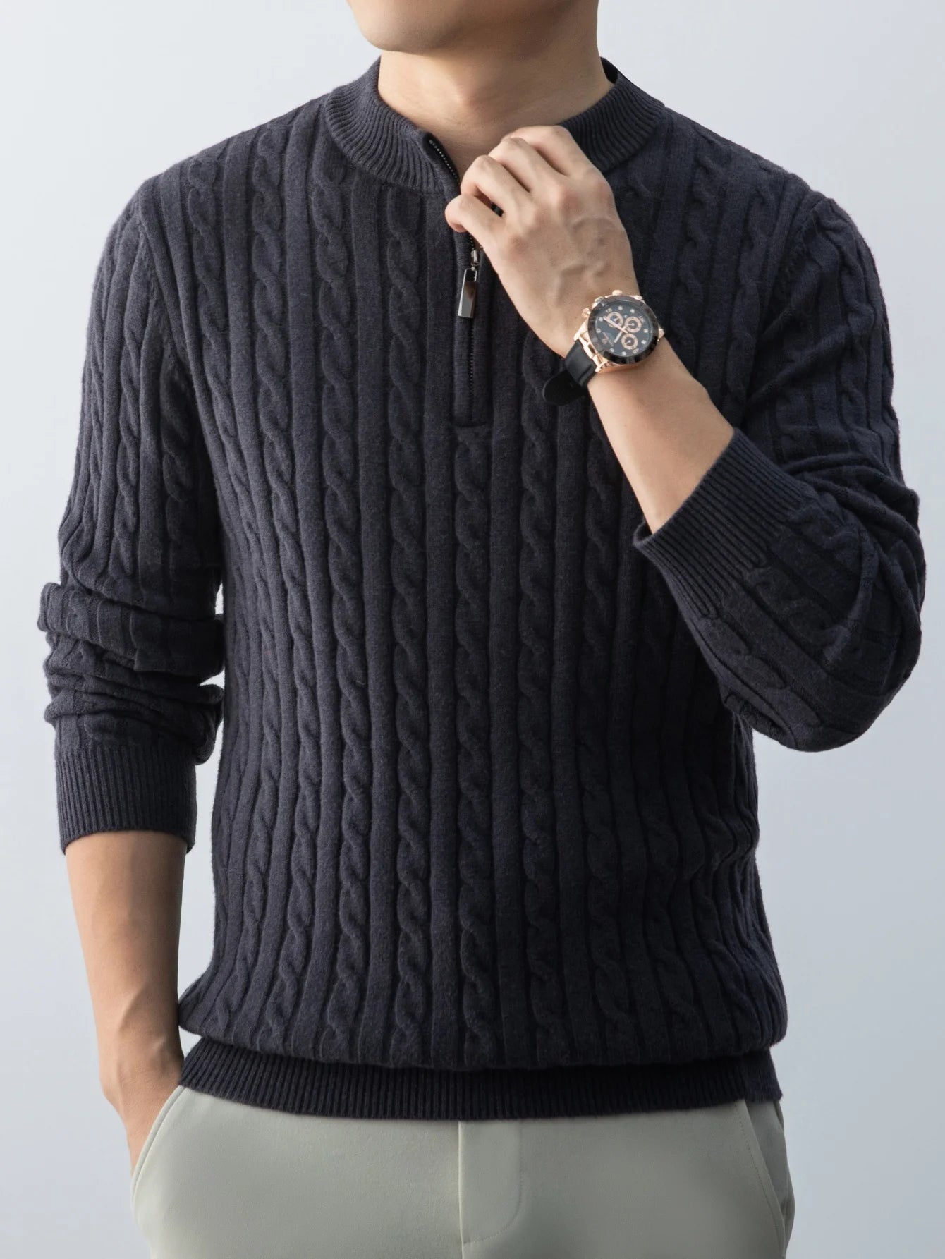 Autumn Winter For Men's Twisted Sweater Wool Knitted  Half Open Zipper Half High School Round Neck Stand-up Collar Thickened Top