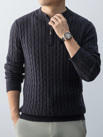 Autumn Winter For Men's Twisted Sweater Wool Knitted  Half Open Zipper Half High School Round Neck Stand-up Collar Thickened Top