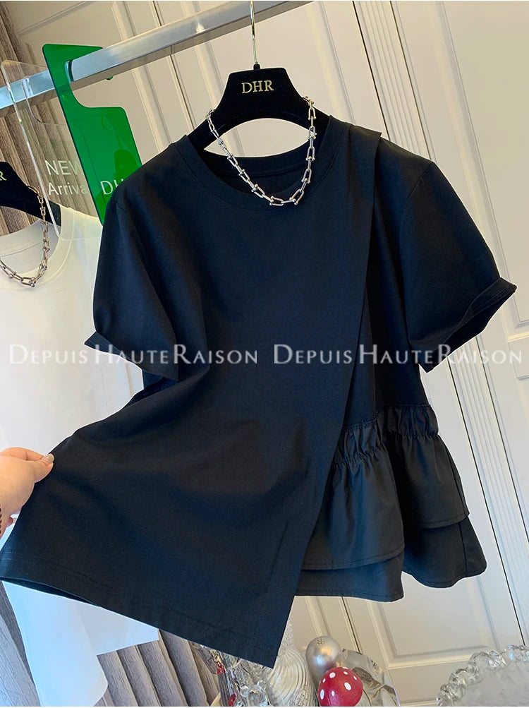 Loose Fit Pure Cotton Short Sleeve T-Shirt Women Summer Fashionable Casual Top Large Size 200 Pounds Asymmetrical Layering
