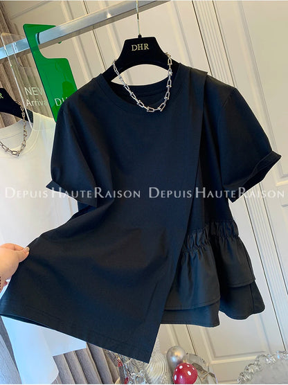 Loose Fit Pure Cotton Short Sleeve T-Shirt Women Summer Fashionable Casual Top Large Size 200 Pounds Asymmetrical Layering