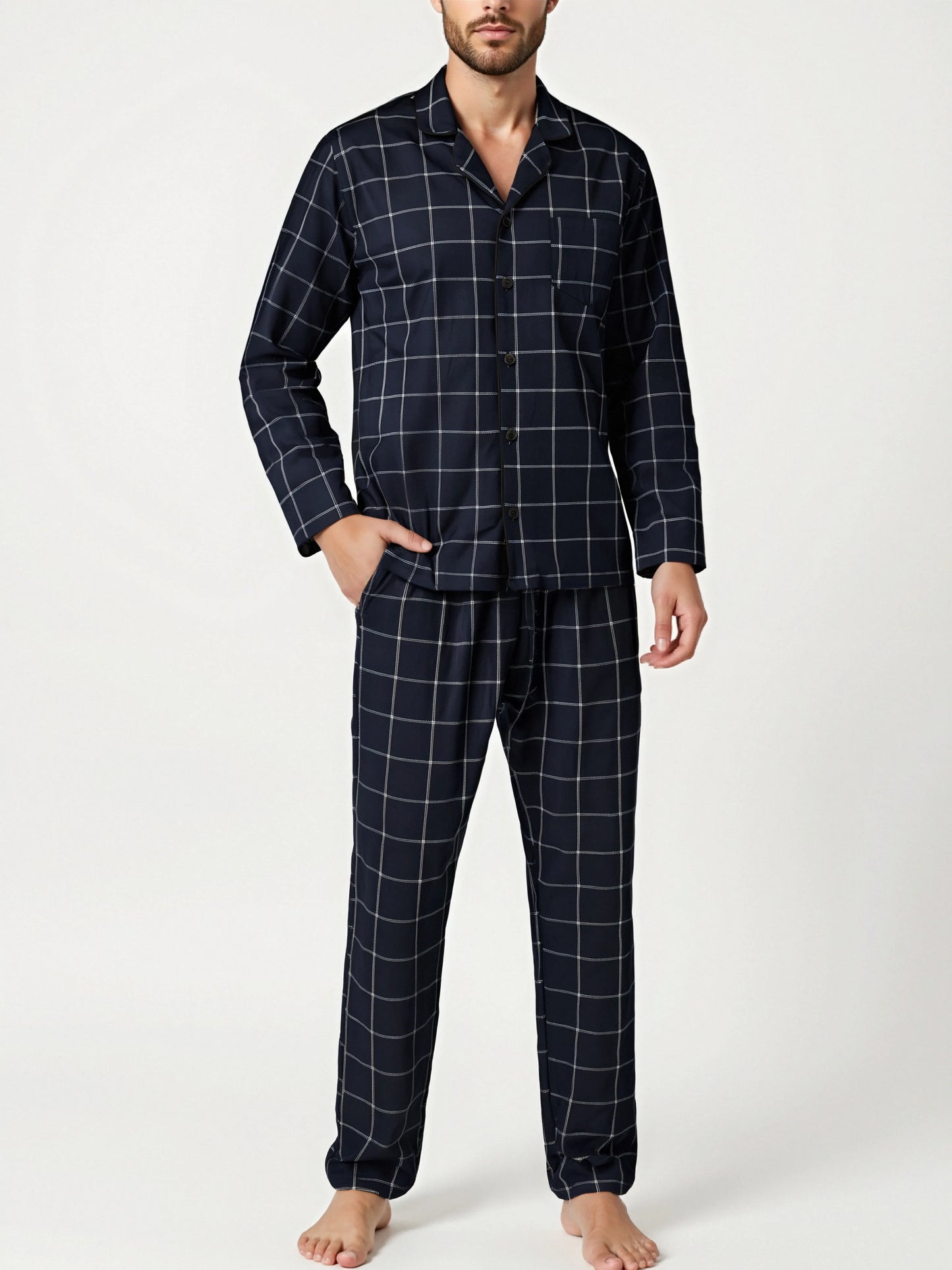 Mens Plaid Pajama Sets Sleep Pajamas for Men Pjs Set Soft Lounge Sleepwear Pj Bottoms with Pockets Pjs Shirts