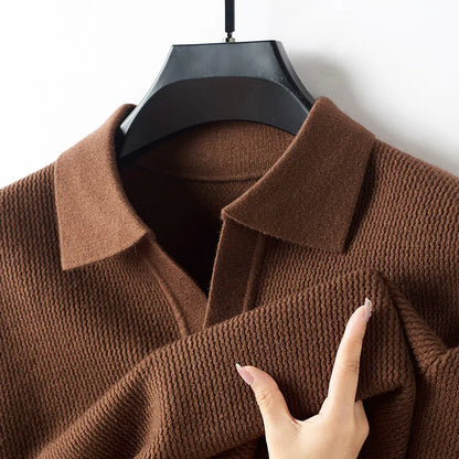 New Men's Shirt Collar Sweater, Business Slim Cashmere Textile Polo Top, Gentleman Thickened Warm and Simple Fashion Pullover