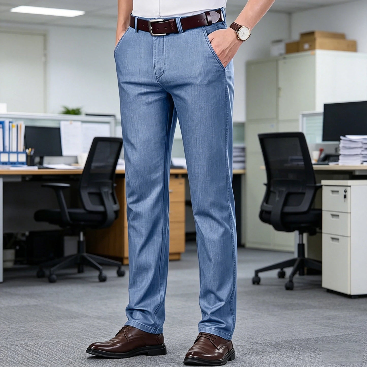 Men's Jeans Straight Leg Denim Pants High Waist Loose Fit Suit Trousers Business Office Formal Casual Men's Dress Pants Summer
