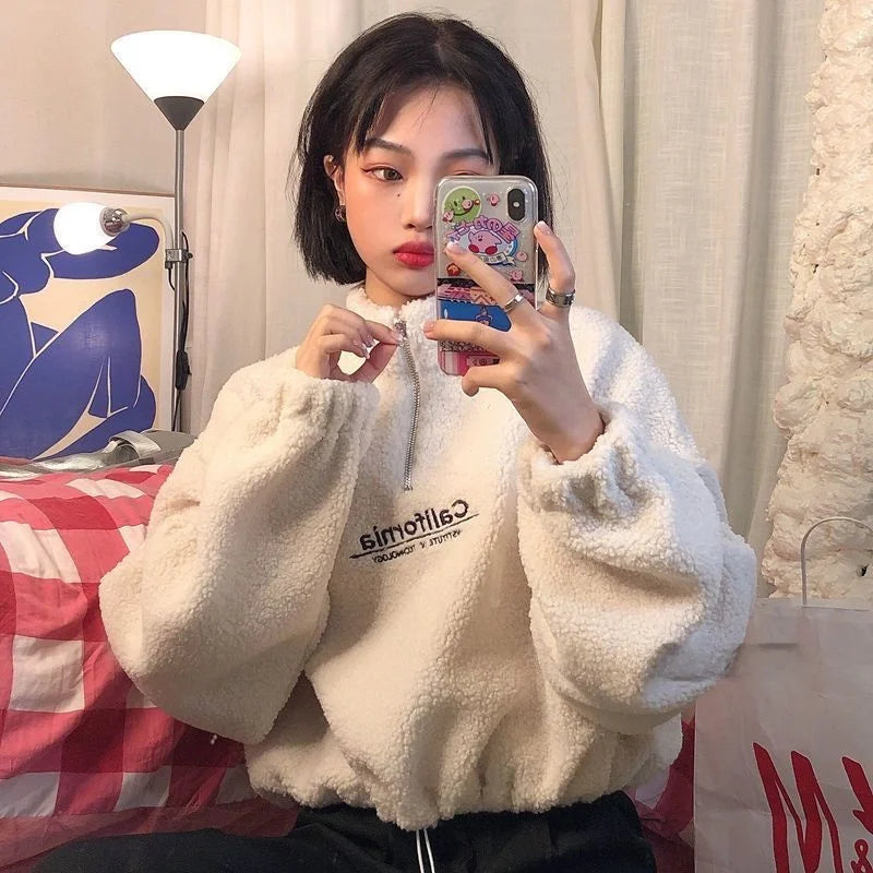 Lamb Velvet Fleece Lined Thickened Short Half High Collar Sweatshirt Women's Loose Korean Style Autumn Winter Zipper Top Tren...