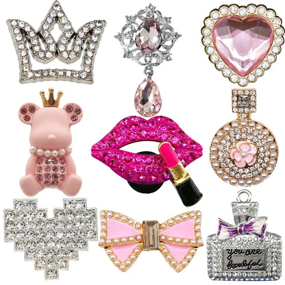 1/9PCS Girls Metal Shoe Charms Crown Lipstick Perfume Bear Heart Bow Ties Pins Clog Jeans for Women Girls Shoe Clips Decorations