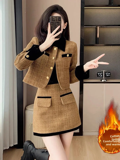 High-End  Style Women's Outerwear Set Autumn Winter New Design High Waist  Skirt Two-Piece Suit Fashionable And Warm