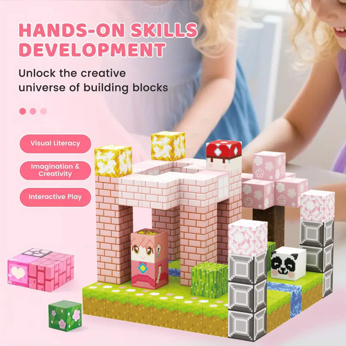 Magnetic Building Block Bricks Toy Pink Girly Mine Stacking World STEM Set Model Set DIY Educational Kids Girls Birthday Gifts