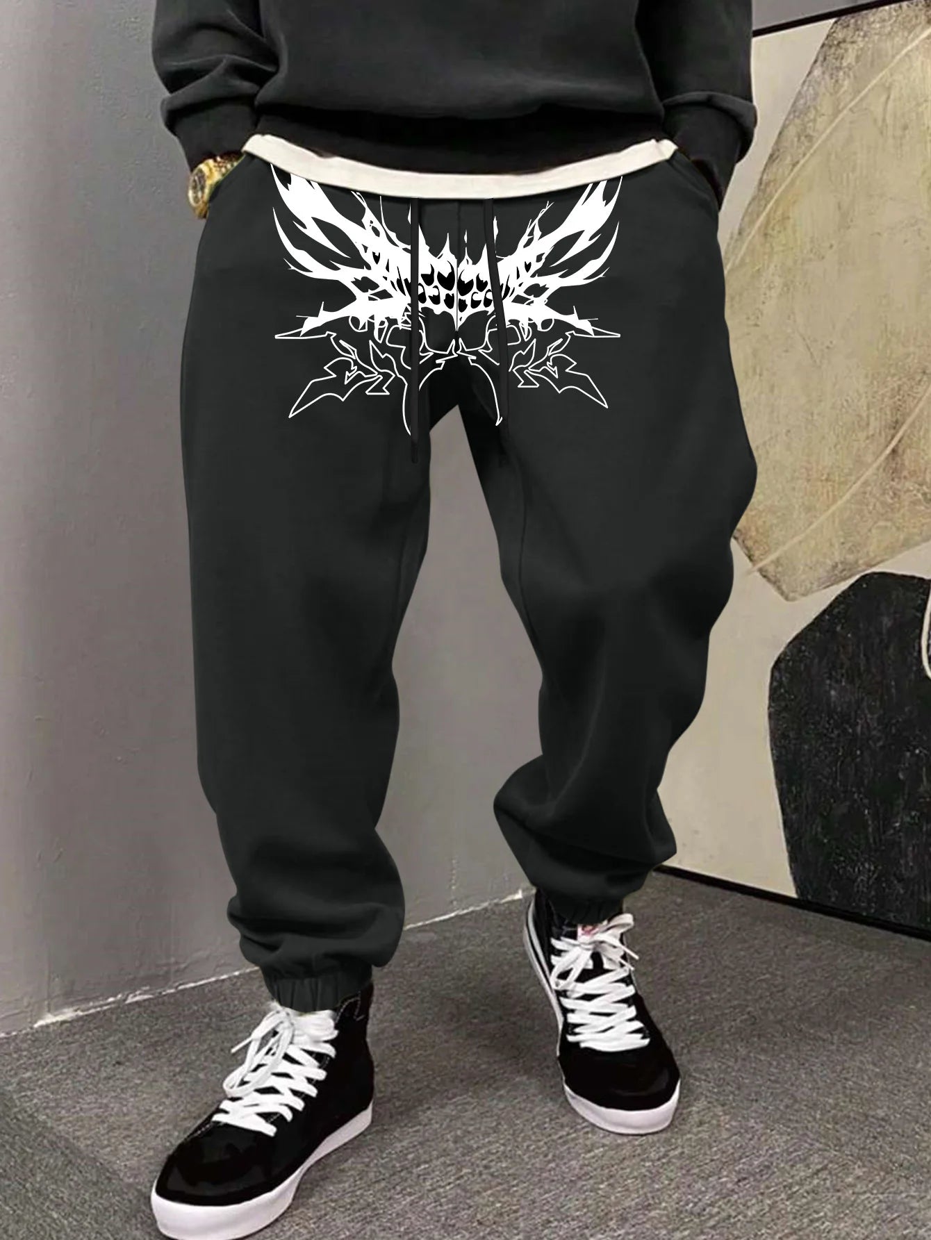 Men's Gothic Sharp Demon Mouth Thorn Print Sweatpants Elastic Waist Soft Fabric Dark Punk Street Hip Hop Joggers