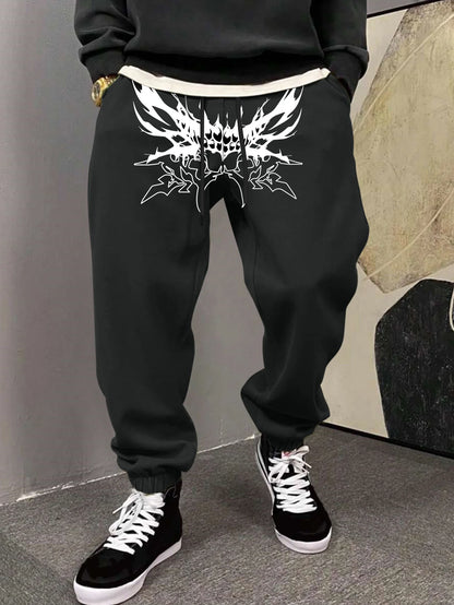 Men's Gothic Sharp Demon Mouth Thorn Print Sweatpants Elastic Waist Soft Fabric Dark Punk Street Hip Hop Joggers
